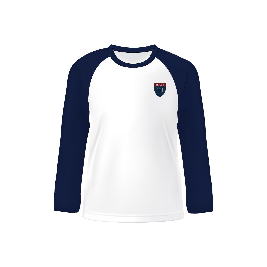 White with Navy Long Round Neck Sports T-Shirt
